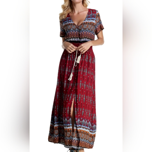 Long dark red hippy sun dress - Picture 4 of 4